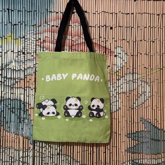 Baby Panda Double Handle Canvas Tote Bag, Green Multi - Picture 3 of 8